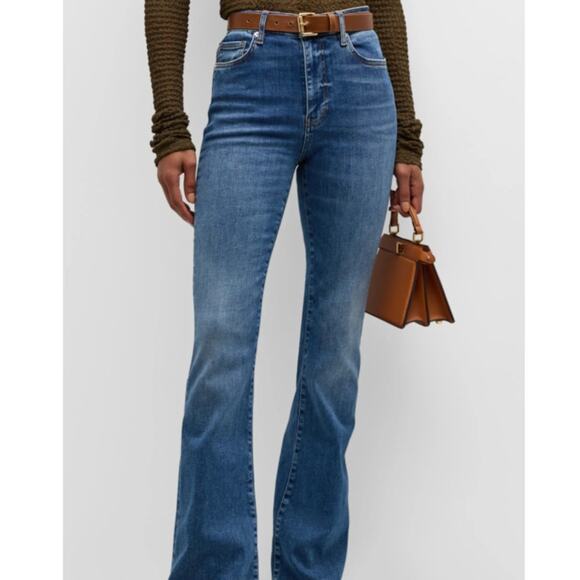 FRAME Le High Flare Jeans Size 29 Medium Wash Whiskering Raw Hem Stretchy - Picture 3 of 12